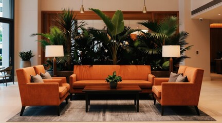 Naklejka premium Modern hotel lobby with orange furniture and many green plants. Contemporary interior design offers comfy seating and warm lighting for guests. Relaxing atmosphere inside.