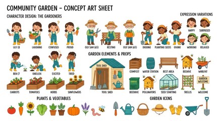 Fototapeta premium Community Garden Concept Art Sheet Featuring Gardeners and Elements.