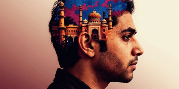 Indian man with buildings in his head. Architectural mindscape merges tradition and modernity. Culture, heritage, and urban development fuse in this artistic digital portrait.