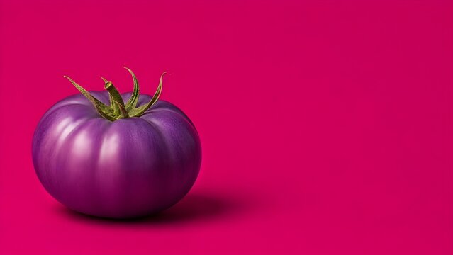 Tomate de color violeta en fondo rosa intenso minimalista, a la izquierda de la imagen.
