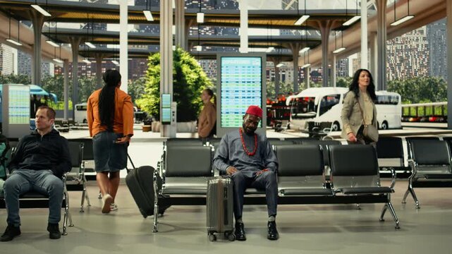 Man in african traditional clothes sitting in bus station for long-haul journey, traveling by intercity coach with big luggage for relocation. Passenger waiting for highway bus departure.