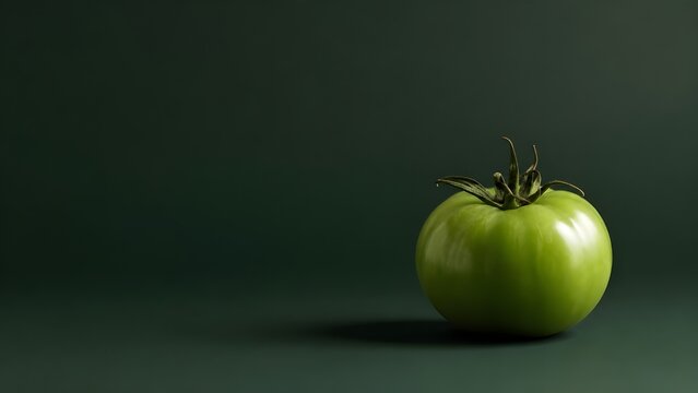 Tomate verde en fondo verde oscuro minimalista.