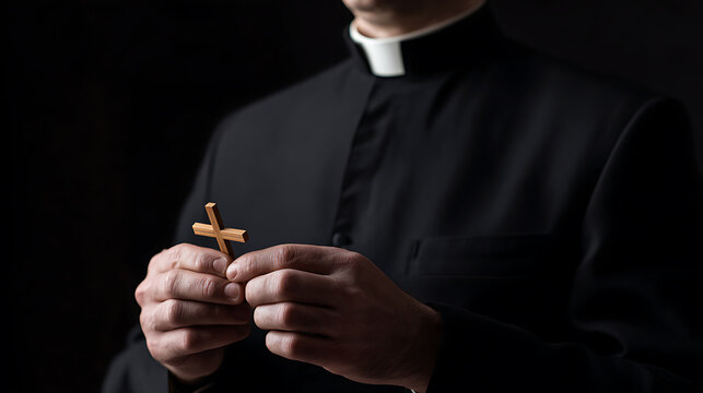 Religious figure in vestments hold a wooden cross as a symbol of faith and hope in a solemn, dark setting, representing spirituality and reverence