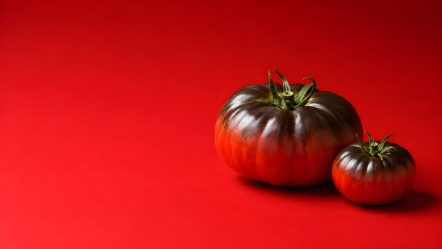 Dos tomates rojos y negros en fondo rojo a la derecha de la imagen, estilo minimalista.
