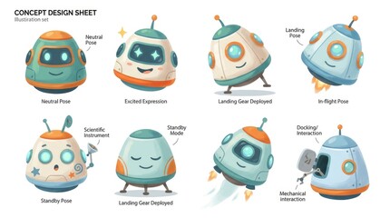 Fototapeta premium Concept Design Sheet of Adorable Cartoon Robots in Various Poses and Expressions.