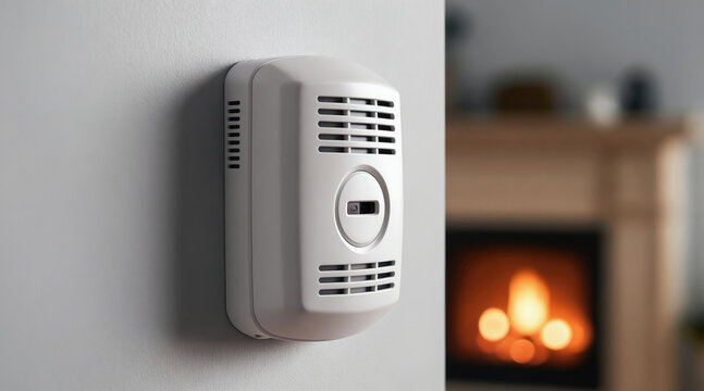 White carbon monoxide detector mounted on wall near fireplace. Safety device monitors indoor air quality for harmful gases. Essential home protection equipment provides alerts.