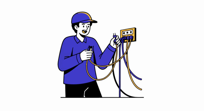 Happy electrician working on electrical wiring connections indoors.