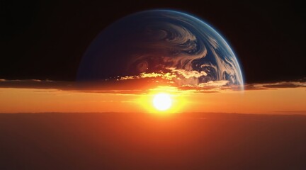 Obraz premium Fiery sun rises above clouds near planet Earth. Celestial body shines bright with warm orange glow. Atmospheric view from space shows blue planet with white clouds.