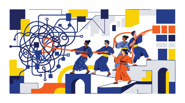 Agile creative team streamlining complex business operations and unraveling digital transformation bottlenecks through collaborative strategy