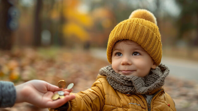 Adorable toddler receiving coins in park.
