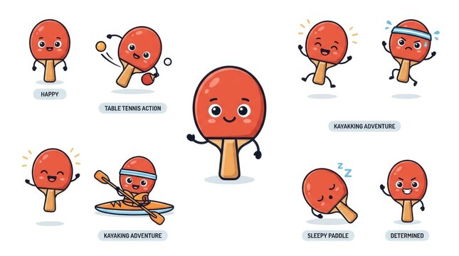 Cute Cartoon Ping Pong Paddles with Various Emotions and Actions.
