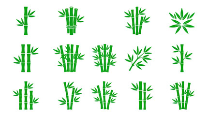 Green bamboo stalk and leaf icons set. © Anas