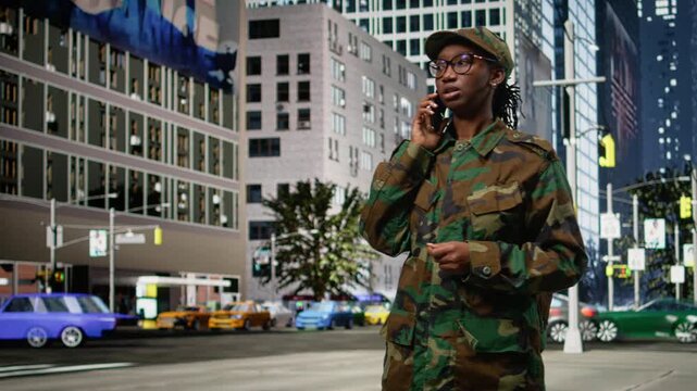 African american army soldier frowning, receiving concerning phone call on city boulevard. Worried military officer outdoors in telephone call with smartphone saddened by bad news.