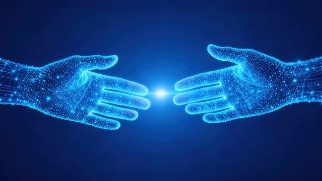 Two glowing digital hands reaching