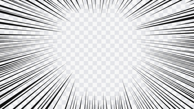Black and white motion lines effect in manga and anime style. Dynamic radial speed lines create a feeling of high speed, dramatic tension, impact, and sudden action.