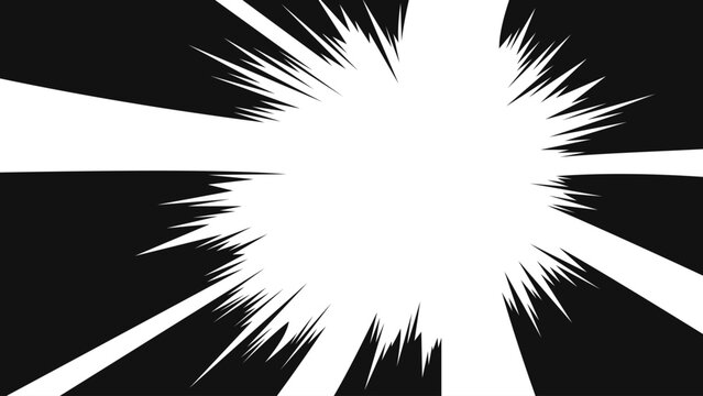 Abstract flash explosion background with radial manga burst. Dynamic black and white energy rays creating dramatic comic impact and powerful motion effect.