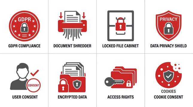 Red and black GDPR and data privacy protection icon set.