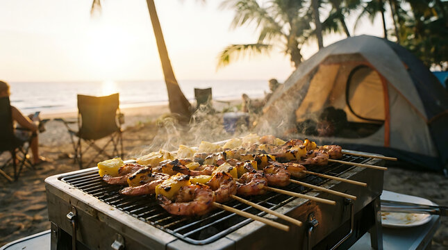 Delicious shrimp skewers sizzling on a barbecue grill at a beach campsite during a golden sunset.