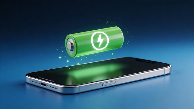 Smartphone with floating battery icon ideal for sleek commercial backgrounds and title sequences