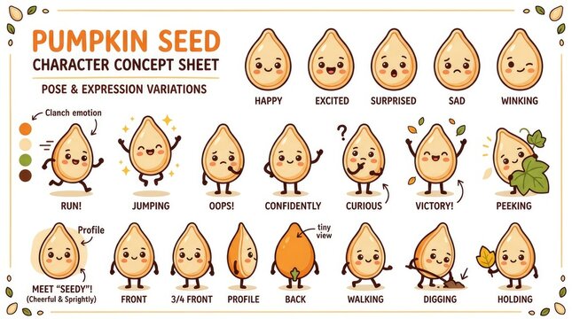 Cute Pumpkin Seed Character Concept Sheet with Various Poses and Expressions.