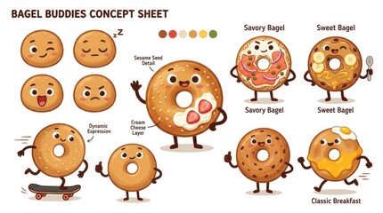 Obraz premium Delightful Bagel Buddies - A Whimsical Concept Sheet of Animated Breakfast Treats.