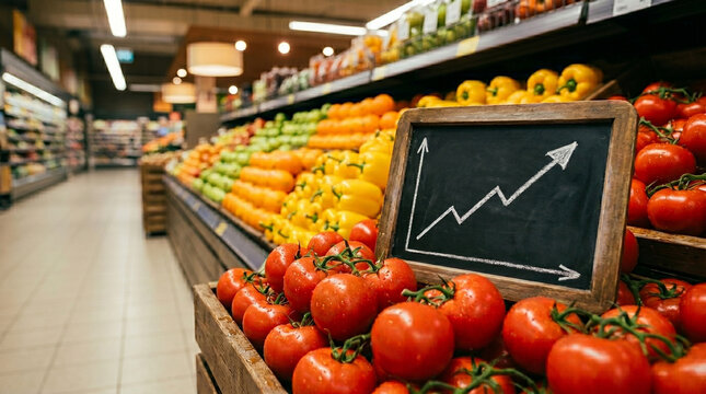 Wooden crates filled with red tomatoes in supermarket with chalkboard display showing rising economic line graph for food price inflation and agricultural market trends for consumers.