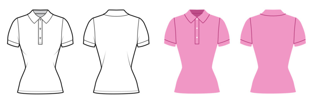 Fitted polo shirt with structured collar, button placket short sleeves smooth silhouette and refined construction. Technical fashion illustration in black white color, front and back views. Vector