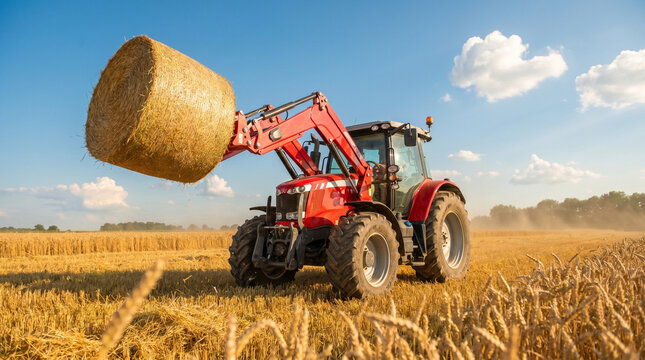 Red tractor lifting large round hay bale in golden wheat field under blue sky during summer harvest season on rural farm landscape with agricultural machinery working in sunlight morning.