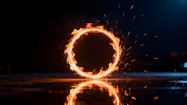 Circular fire ring with sparks and reflection