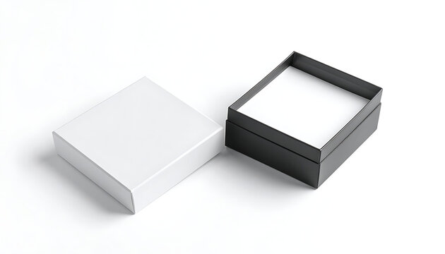 Open black gift box with white inner lining and closed white lid beside it, isolated on white background, e-commerce packaging concept