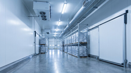 Obraz premium Empty cold storage warehouse with rows of shelves, stacked products, and cooling units, commercial logistics and temperature controlled storage.