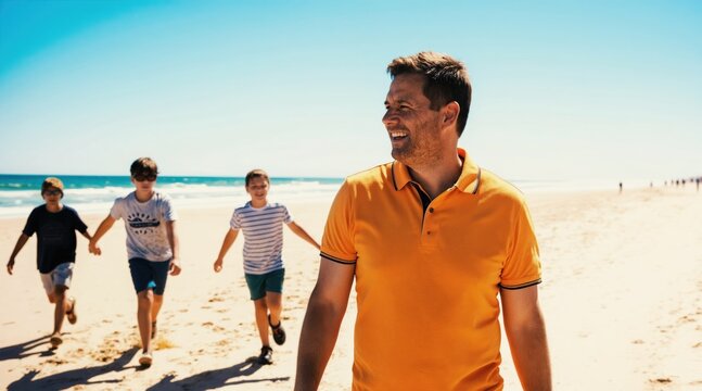 Man smiles walking on beach with kids running behind. Father enjoys summer day with his sons by the ocean waves. Family plays together in sunny weather.