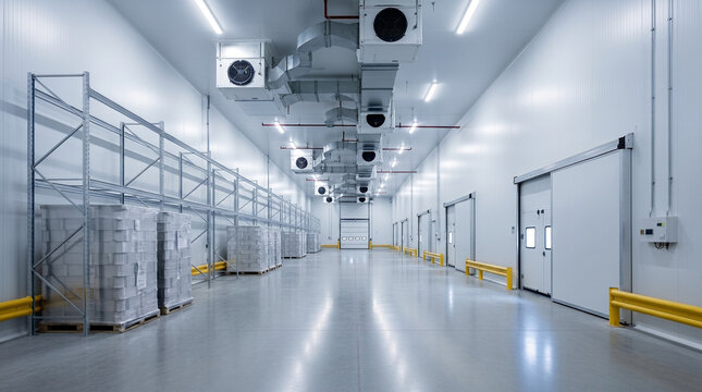 Modern cold storage warehouse interior with shelves, boxes, and industrial refrigeration units, commercial food and product preservation.