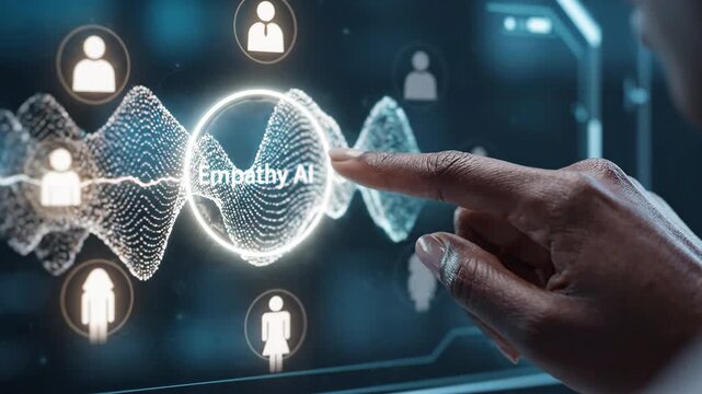 Human centric AI interface featuring hand pointing digital empathy icon futuristic technology screen showing connection concept