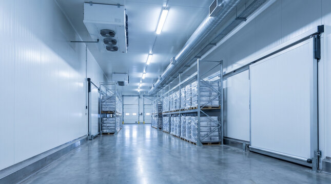 Empty cold storage warehouse with rows of shelves, stacked products, and cooling units, commercial logistics and temperature controlled storage.
