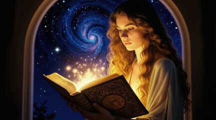 Obraz premium Young woman reads old book with bright glowing pages. Light sparks fly from open pages. Night sky with stars and galaxy seen through archway. Fantasy, magic, knowledge.