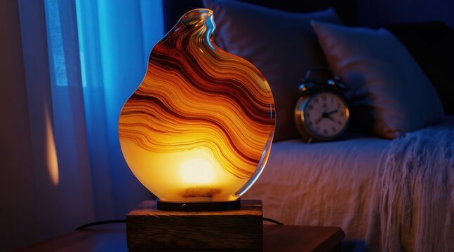 Unique resin lamp casts warm glow on bedside table. Abstract art piece complements bedroom decor. Alarm clock signals bedtime on soft bedspread.