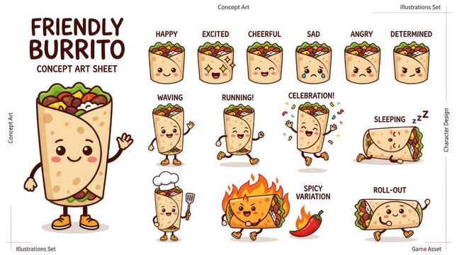 Friendly Burrito Concept Art Sheet - Happy, Excited, Sleepy, and More.