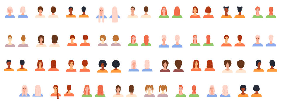 Flat color hairstyle set with front and back views, clean minimal vector characters showing hair structure and shape, perfect for beauty guides, salon presentations and educational visuals