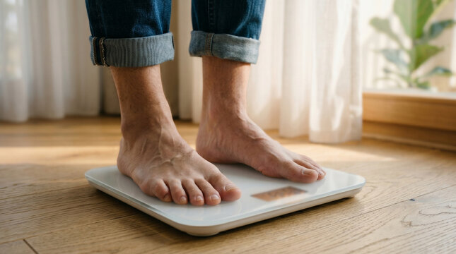 Person standing on digital scale, focusing on bare feet and jeans, representing weight measurement and body mass index tracking for health.