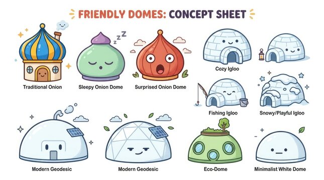 Friendly Domes Concept Sheet - Adorable Cartoon Illustrations of Various Dome Styles.