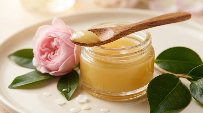 A jar of yellow bee propolis ointment with pink rose and green leaves on a white plate, natural skin care, beauty product, floral essence, soothing balm, gentle.
