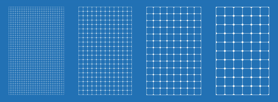 Blueprint grid set node circle geometry, four scale variations. Wide medium dense micro spacing comparison, engineering layouts dashboards notebook pages interface planning systems technology graphics