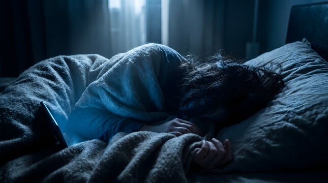 Smartphone addiction concept with lonely female staring at mobile screen in dark bedroom glowing with blue light