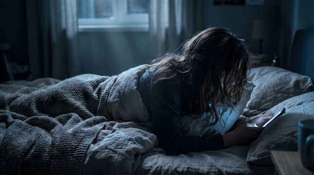 Tech addiction and sleep issues with young woman lying prone on pillow holding phone screen in dark apartment