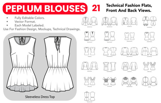 Peplum Blouses set with black and white technical fashion flats, front and back views, outline versions, shaped waists and peplum hems. Vector illustration