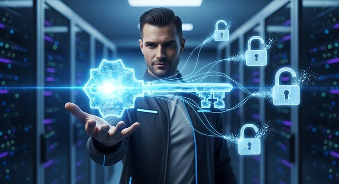 Universal access or Single Sign-On (SSO). An IT professional's hands use a holographic 'master key' to open several 'padlocks' simultaneously, representing SSO.