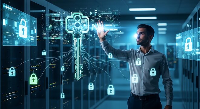 Universal access or Single Sign-On (SSO). An IT professional's hands use a holographic 'master key' to open several 'padlocks' simultaneously, representing SSO.