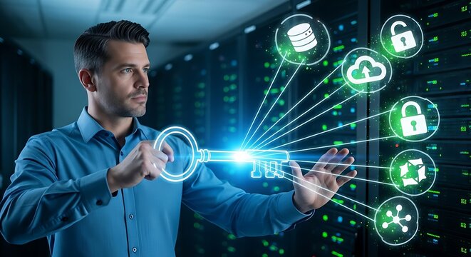 Universal access or Single Sign-On (SSO). An IT professional's hands use a holographic 'master key' to open several 'padlocks' simultaneously, representing SSO.