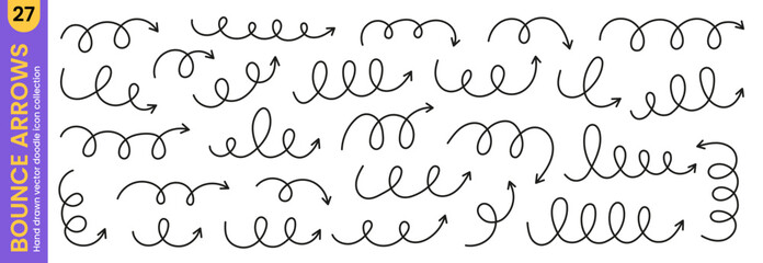 Naklejka premium Bounce jump arrows icons and line movement effect doodle. spiral spring. Squiggly motion energy and comic swirl elements. Hand drawn vector illustration isolated on transparent background